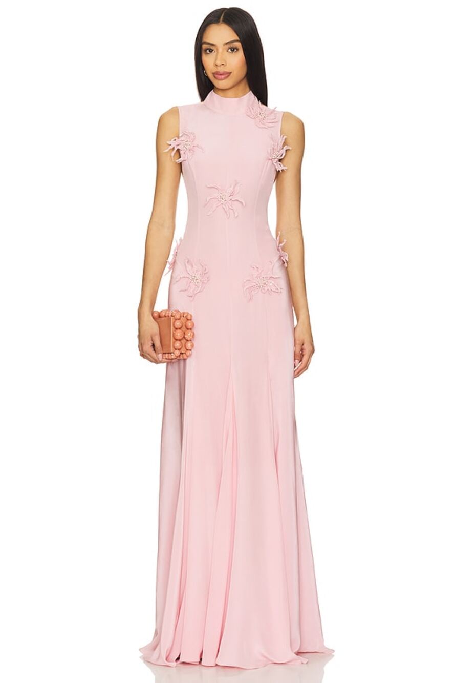 La Fuori 3D Floral Applique Ostrich Feather Pink Silk Backless Dress NWT $780 S - Picture 1 of 8